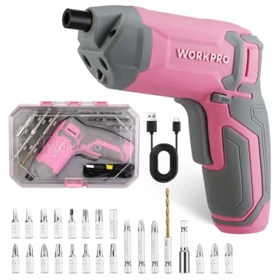 Image de WORKPRO Perceuse Visseuse Sans Fil 3,6V, Devisseuse Excentrique Rechargeable avec Batterie 2,0Ah, 7Nm, 2 Sens Rotation + Lampe LED, Câble Charge USB, 24 Accessoires, pour Bricolage, Rose