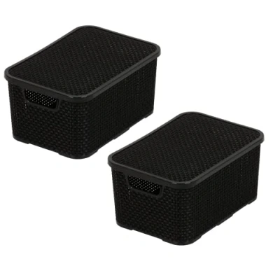 Image de Lot de 2 corbeilles BranQ Home essential avec couvercle design rotin Taille M 10 l Plastique PP sans BPA Noir 28,8 x 19,7 16,2 cm pièces.
