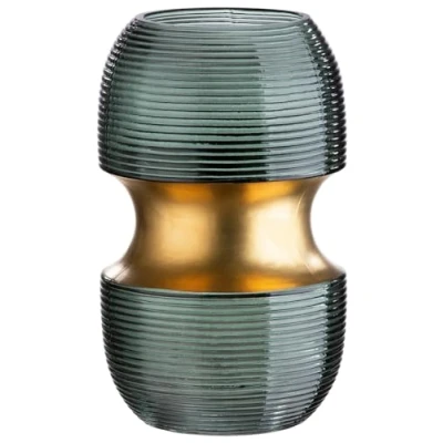 Image de GILDE Petit Vase décoratif en Verre Moderne avec rainures Cadeau d&#039;anniversaire, décoration de Table Noël, Mariage, Noces d&#039;or Couleur : Vert doré Hauteur 18 cm