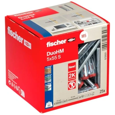 Image de fischer DuoHM Lot de 25 chevilles pour plaques creuses 5 x 55 S PZ, avec vis métrique Panhead et entraînement PZ la fixation supports TV, luminaires, d&#039;étagères murales, etc. dans des