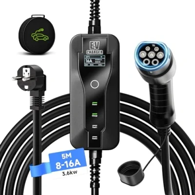 Image de AFYEEV EV Chargeur Type 2, 3.6kW Voiture Electrique Courant Commutable 8/10/13/16A, Ecran Numérique Contrôlable, Cable Recharge avec Sac, 5M (IEC 62196 2)