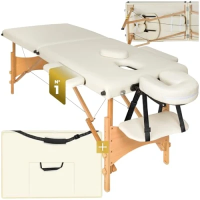 Image de TecTake Table de Massage 2 Zones Pliante Cosmetique Lit Esthetique Tatouage Portable avec Repose Bras, Housse Transport Incluse Beige