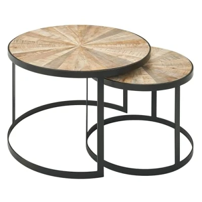 Image de WOHNLING de 2 Tables Basses Design gigognes Rondes en Bois Massif Mango Table Basse avec Pieds métal Marron Set gigogne pièces Bois/métal Noir