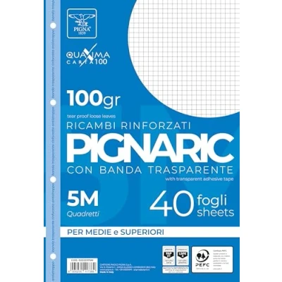 Image de Pigna 02222375M Lot de 40 feuilles rechange avec bande renforcée, 5 m, carrés mm pour 2e et 3e années, papier 100 g/m²