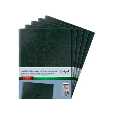 Image de SIGEL SM207 Lot de 5 Protège menus à cordon élastique avec 2 pochette transparent pour 8 feuilles DIN A5, gaufrage Menu, anthracite