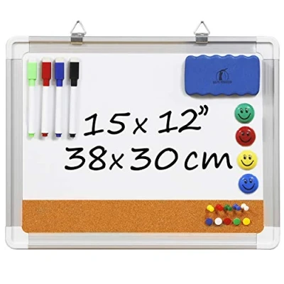 Image de Tableau Blanc Magnetique/Tableau D’Affichage en Liège 38x30 cm Combinaison Effacable avec 1 Effaceur Magnétique, 4 Feutres Effaçables à Sec, Aimants et 10 Épingles