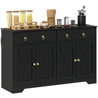 Image de HOMCOM Buffet Meuble de Rangement Armoire Cuisine Style Rural 2 tiroirs et placards avec étagères à hauteurs réglables dim. 121L x 37l 75H cm Noir