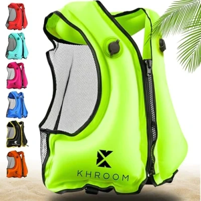Image de Khroom Gilet Gonflable Conforme aux Normes EU 150 210 cm, jusqu&#039;à 100 kg de flottaison pour Adultes/Ados Aide à la flottabilité plongée en apnée, Le Kayak et Sup (V2 Jaune)