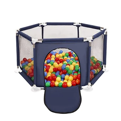 Image de Selonis Parc Bébé Hexagonal Pliable Avec 400 Balles Plastiques, Bleu:Jaune/Vert/Bleu/Rouge/Orange