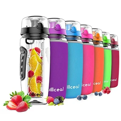 Image de willceal Bouteille d&#039;eau avec infuseur à Fruits 0,95 l Fabriquée en Tritan sans BPA, Couvercle Rabat, Anti Fuite Convient pour Le Sports et Camping (Noir)