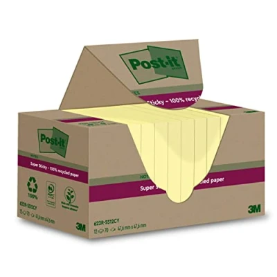 Image de Post it Super Sticky Notes entièrement recyclées, 12 Blocs, 70 Feuilles par Bloc, 47.6 mm x mm, Jaune Extra collantes Fabriquées à partir de Papier 100% Recyclé