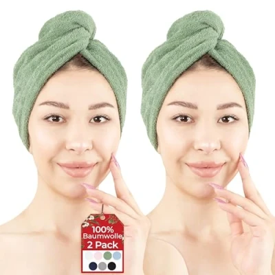 Image de Hammetex Lot de 2 serviettes turban 100 % coton pour femme, absorbantes et à séchage rapide, avec bouton, vert sauge