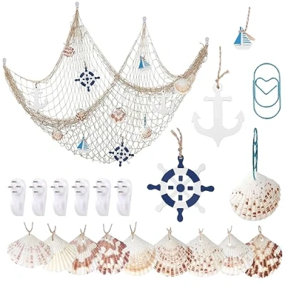 Image de YSDMY Filet de pêche décoratif avec coquilles，Voilier en Bois，Roue Bateau，Ancre Bois，Non Trace Crochets，Trombone 1 m x 2 pour Décoration Maritime Murale