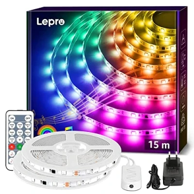 Image de Lepro Ruban LED 15M MagicColor avec Télécommande, Kit de Bande Music Sync 6 Modes 5050 SMD 150 LEDs, Adhesive Étanche IP65 pour Fête Mariage Soirée Décoration