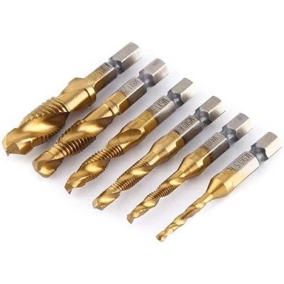 Image de Aeloa Mèches de Taraudage, 6pcs Filetage Métrique M3 M10 Forets et Tarauds HSS Revêtus Titane 1/4&quot;Tige Hexagonale