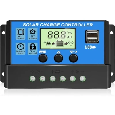 Image de [Mise à niveau] Depvko 30A PWM Contrôleur de charge Solaire , régulateur Panneau 12V/24V avec écran LCD réglable, Double port USB, Réglage la minuterie, paramètre automatique (bleu)
