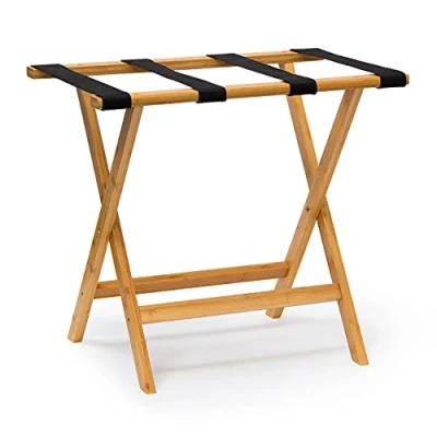 Image de Relaxdays Support de bagages Porte valises HxlxP: 50 x 60 37,5 cm en bambou accessoire avec 4 sangles dépose valise, nature