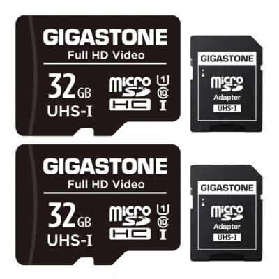 Image de Gigastone Carte Mémoire 32 Go Lot de 2 Cartes, Vitesse Lecture allant jusqu&#039;à 90 Mo/s. idéal pour Full HD Vidéo Gopro Caméra Drone Tablette, U1 Micro SDHC avec Mini étui et Adaptateur SD.