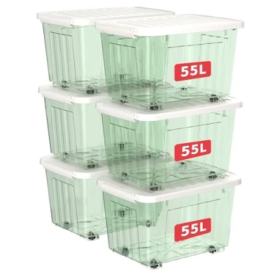 Image de Cetomo Lot de 6 boîtes rangement en plastique 55 l x cm, vert clair, boîte avec couvercle durable et boucles verrouillage sécurisées, empilables emboîtables, boucle