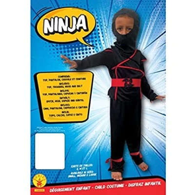 Image de RUBIES Déguisement pour Enfants Ninja d&#039;Entrée de Gamme Taille 8 10 Ans Costume Idéal Carnaval Top Avec Pantalon Et Ceinture Rouge &quot;Shuriken&quot;, Cagoule Incluse