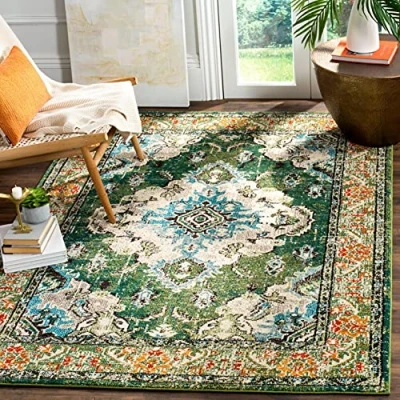 Image de Safavieh Milà Grand Tapis de Salon rectangulaire pour Une Utilisation en intérieur, Polypropylène, Vert forêt/Bleu Clair, 90 X 150 cm