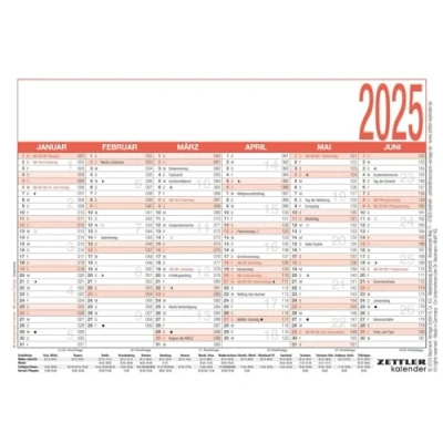 Image de Zettler calendrier des jours de travail 2025 blanc/rouge, 14,8 x 10,5 cm, d&#039;affichage avec aperçu du mois, 6 mois sur 1 page, dates vacances, comptage travail, jour et