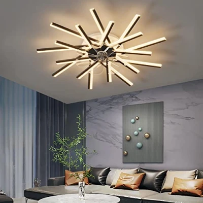 Image de Plafonnier Ventilateur Design avec Telecommande APP Controle Réversible DC Grand Lustre de Plafond Dimmable 6 Vitesse Ventilo Silencieux pour Salon Chambre, Noir, 92cm