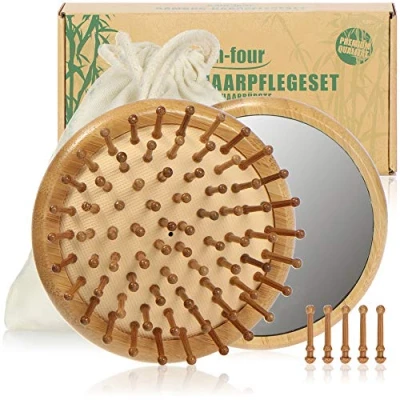 Image de com four® Ensemble de Soins capillaires Haut Gamme 2 pièces, Brosse à Cheveux démêlante en Bambou et Petit Miroir Coiffure, Contre Les emmêlés (2 Parties Pinceau Tangle + Miroir)