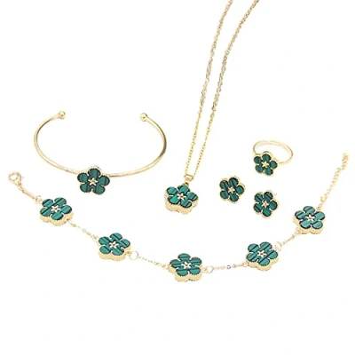 Image de QKEPCY Ensemble de Bijoux Trèfle à Quatre Feuilles pour Femme Fille Plaqué Or Collier Boucles d&#039;oreilles Bracelet Réglable Bague Ouvert Set Fleur Pendentif Parure Cadeau (Vert)