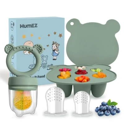 Image de MumEZ Tetine Grignoteuse Bébé, Set de Mangeoire Pratique pour Plateaux Congélation Aliments Bébé Inclus, Fruits bebe Sans BPA, Tetines Enfants 3 à 24 Mois (Vert)