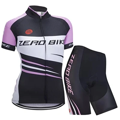 Image de ZEROBIKE Femmes Vélo Cyclisme Respirant à séchage Rapide Maillots Set, Jersey Cycle Manches Courtes Veste + 3D Coussin Rembourré Serré Shorts Pantalon, M, Rayé Noir avec Rose