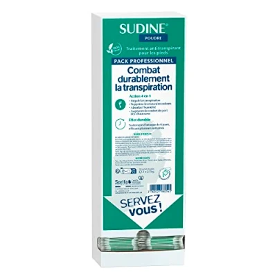 Image de SORIFA Sudine Poudre Traitement Anti transpirant Pied Régule la transpiration Absorbe Prévient les mycoses Sans sels d’aluminium Fabriqué en France Bte 100 sachets doubles