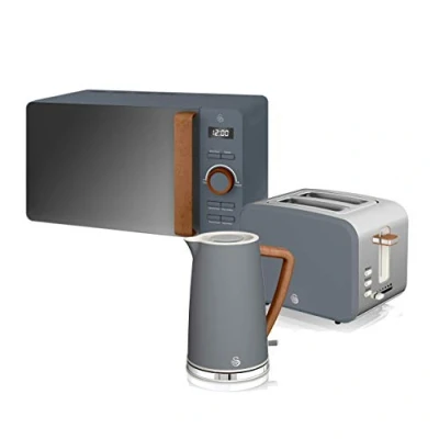Image de Swan Nordic Set petit déjeuner bouilloire 1,7 L 2200 W, grille pain à fente large 2 tranches, micro ondes 20 numérique, design moderne, effet bois, gris