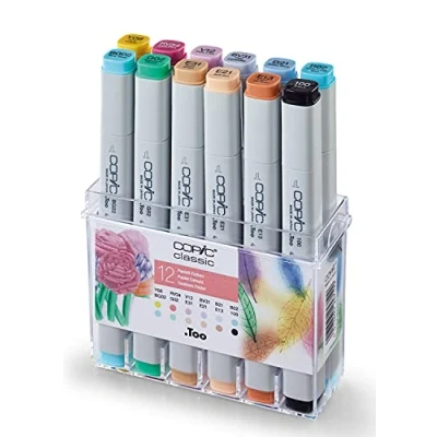 Image de COPIC Classic Set « Couleurs pastel », de 12 pièces dans un présentoir acrylique, Twin Marker avec une pointe moyenne et fine