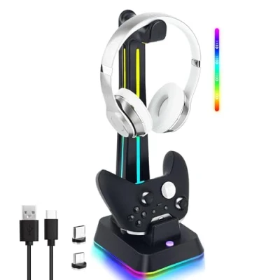 Image de Mcbazel Station de Charge pour Manette Xbox, Support Casque Jeu avec Lumière RGB et Chargeur USB Manette, Indicateur Charge/Port Supplémentaire Le Transfert Données, Co