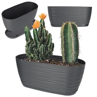 Image de KADAX Pot de Fleurs en Plastique avec Soucoupe, Cache Moderne Ornée d&#039;un Élégant Motif Ondulé pour Une Décoration Florale (Ovale, Anthracite, 27 cm)
