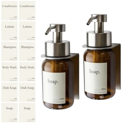 Image de Design Hambourg Distributeur de Savon Mural en Verre avec Fixation Auto Adhésive À Pompe Acier Inoxydable Support Salle Bain 2X 250ml Gris Argent Brossé