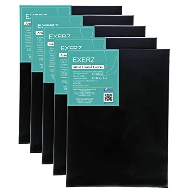 Image de Exerz Lot de 5 toiles encadrées noires 30 x 40 cm 1,7 Toile pré tendue 100% coton 280 g/m² Triple apprêt/sans acide/grain moyen Peinture acrylique professionnelle à l&#039;huile