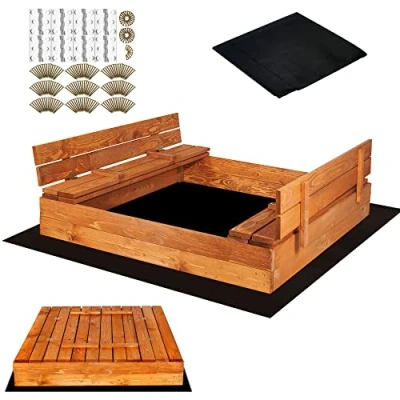 Image de Bac à sable en bois SPRINGOS avec bancs et couvercle charnière 120x120cm