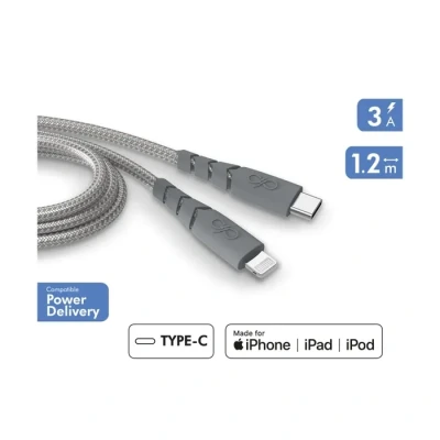 Image de Câble Ultra renforcé USB C/Lightning 1,2m 3A Garanti à vie Gris 100% Plastique recyclé Force Power Neuf