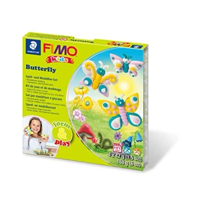 Image de STAEDTLER Fimo Kids Form&amp;Play Set &quot;Les papillons&quot; 4 pains pâte à modeler 42 g assortis + 1 outil de modelage décor notice d&#039;utilisation détaillée 8034 10 LY