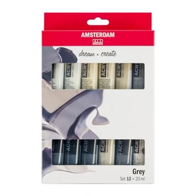 Image de Amsterdam Standard Series Peinture Acrylique Set Gris Blanc, &amp; Noir (12 x 20 ml) Monochromatique, Blanc