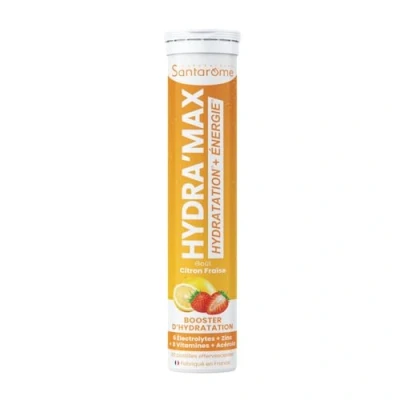 Image de Santarome Hydra&#039;max Booster d&#039;hydration et d&#039;énergie Optimise l&#039;hydratation Riche en électrolytes Goût Citron Fraise 20 pastilles effervescentes France
