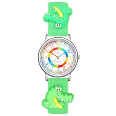 Image de Alienwork Kids Montre Pédagogique Apprendre l&#039;Heure Enfants Garçon Fille Argent Bracelet Vert Multicolore Résistant à l&#039;eau 5 ATM Temps d&#039;apprentissage