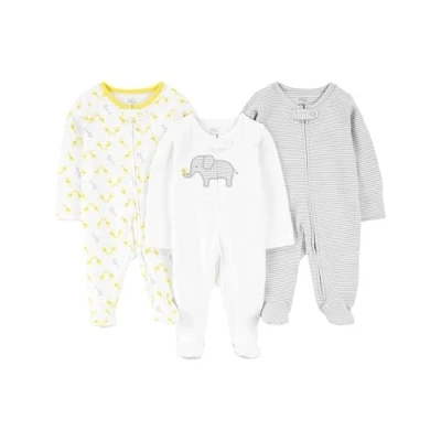 Image de Simple Joys by Carter&#039;s 3 Pack Neutral Sleep and Play Dormeuses Tout Petits, Blanc Éléphant/Gris Clair Mini Rayures/Girafe, 0 Mois (Lot de 3) Mixte bébé