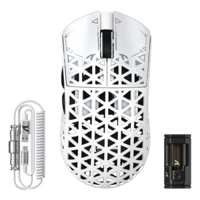 Image de ATTACK SHARK R5 Ultra Souris Gaming en Fibre de Carbone 8000Hz sans Fil, 39g Superlight, 42000DPI, Capteur PAW3950MAX, Nordic 52840, Bluetooth/2.4G/USB C Filaire, avec Câble Spirale 8K, PC/Mac, Blanc