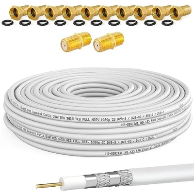 Image de HQ 135 PRO Câble satellite coaxial 130 dB 25 m quadruple blindage pour installations DVB S / S2 C et T BK + 10 fiches F plaquées or 2 connecteurs