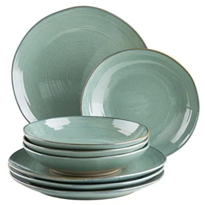 Image de MÄSER Nottingham Lot de 8 assiettes vintage pour 4 personnes, avec plates et creuses au look rétro irrégulier, grès, vert turquoise