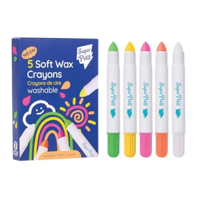 Image de SUPERPETIT 5 crayons DE cire couleurs néon super doux et lavables multi surfaces : vitres, miroirs, baignoires papier. FACILE A NETTOYER REUTILISABLE PARTIR 3 ANS