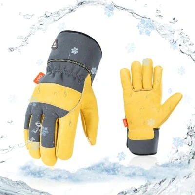 Image de Vgo... 1Paire 0℃/32F gants de travail d&#039;hiver en cuir vache, sécurité imperméables pour les temps froids, entrepôts frigorifiques ou congélateurs(CA3501FLWP)